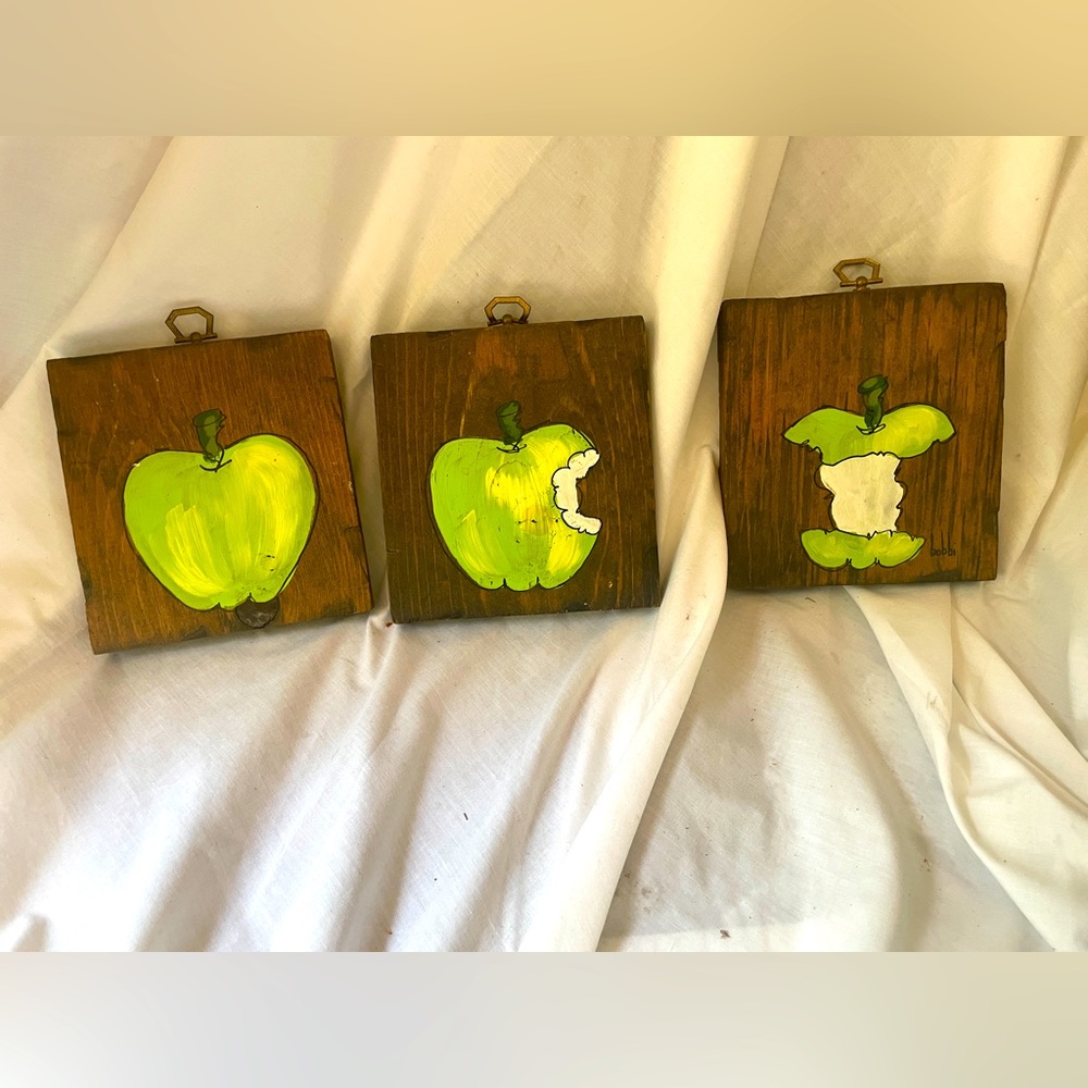 Set of Three (3) Vintage 1970s Hand-painted Green Apple Wooden Plaque Wall Art